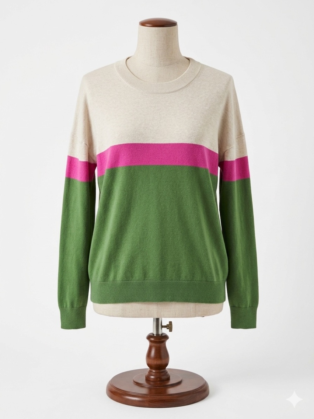 Boden Colorblock Crewneck Sweater in Cream, Pink & Green, Size Medium